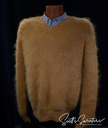 Men's shaggy mohair V-neck pullover sweater in blue, gold, and black colors
