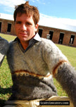 Men's alpaca sweaters including cardigan and V-neck styles in various shades by Scott's Sweaters