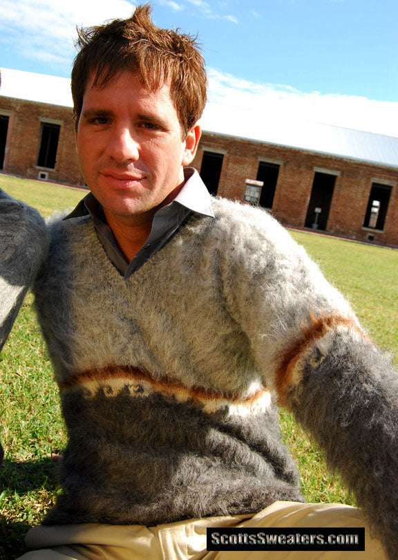 Men's alpaca sweaters including cardigan and V-neck styles in various shades by Scott's Sweaters
