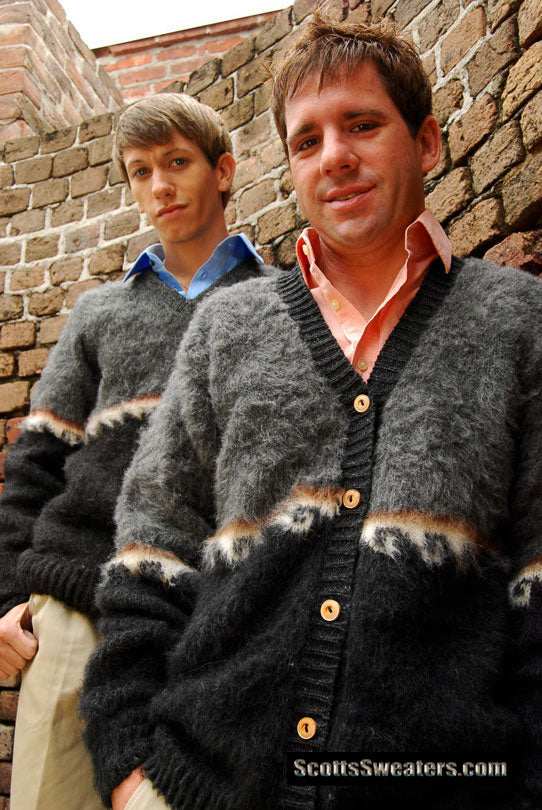 Men's alpaca cardigan and V-neck sweaters in various shades by Scott's Sweaters