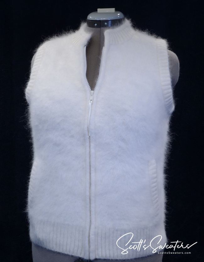 Woman's white angora zipper-front sweater vest with slash pockets by Connie A. Lee
