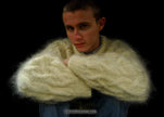 Men's handknit thick cabled mohair sweater in camel color with crewneck design