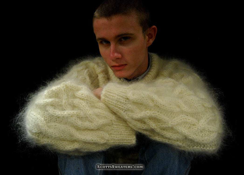 Men's handknit thick cabled mohair sweater in camel color with crewneck design