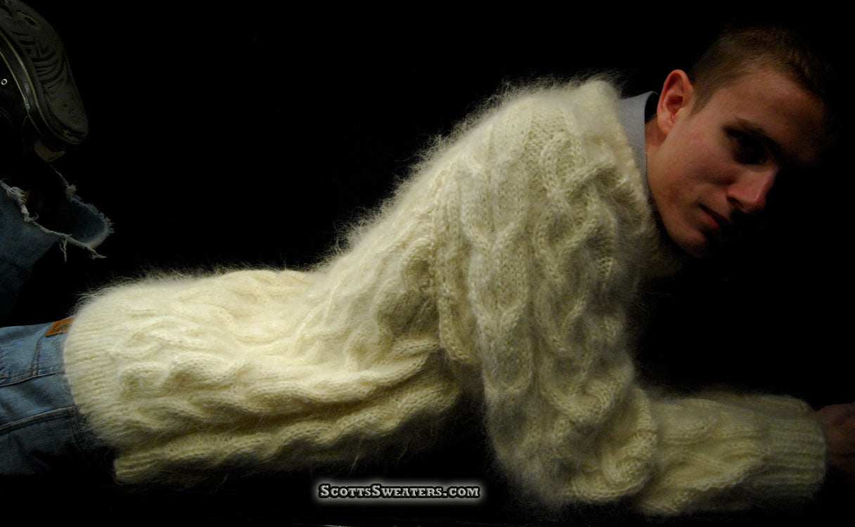 Men's handknit thick cable-knit mohair sweater in camel crewneck available in limited stock