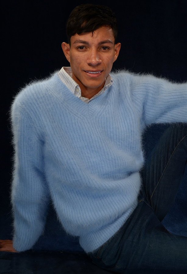 Men's soft luxurious angora sweater with rib-knit texture and V-neck design