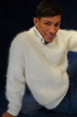 Men's soft luxurious angora sweater with rib-knit texture and V-neck design