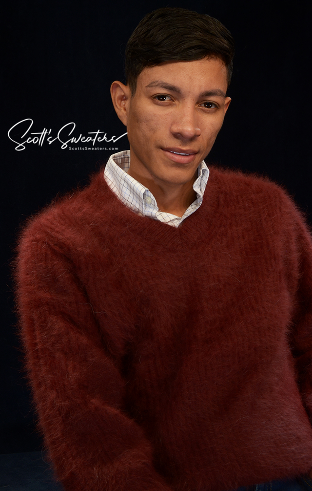 Men's soft luxurious angora sweater in rich brown with rib-knit design and V-neck collar