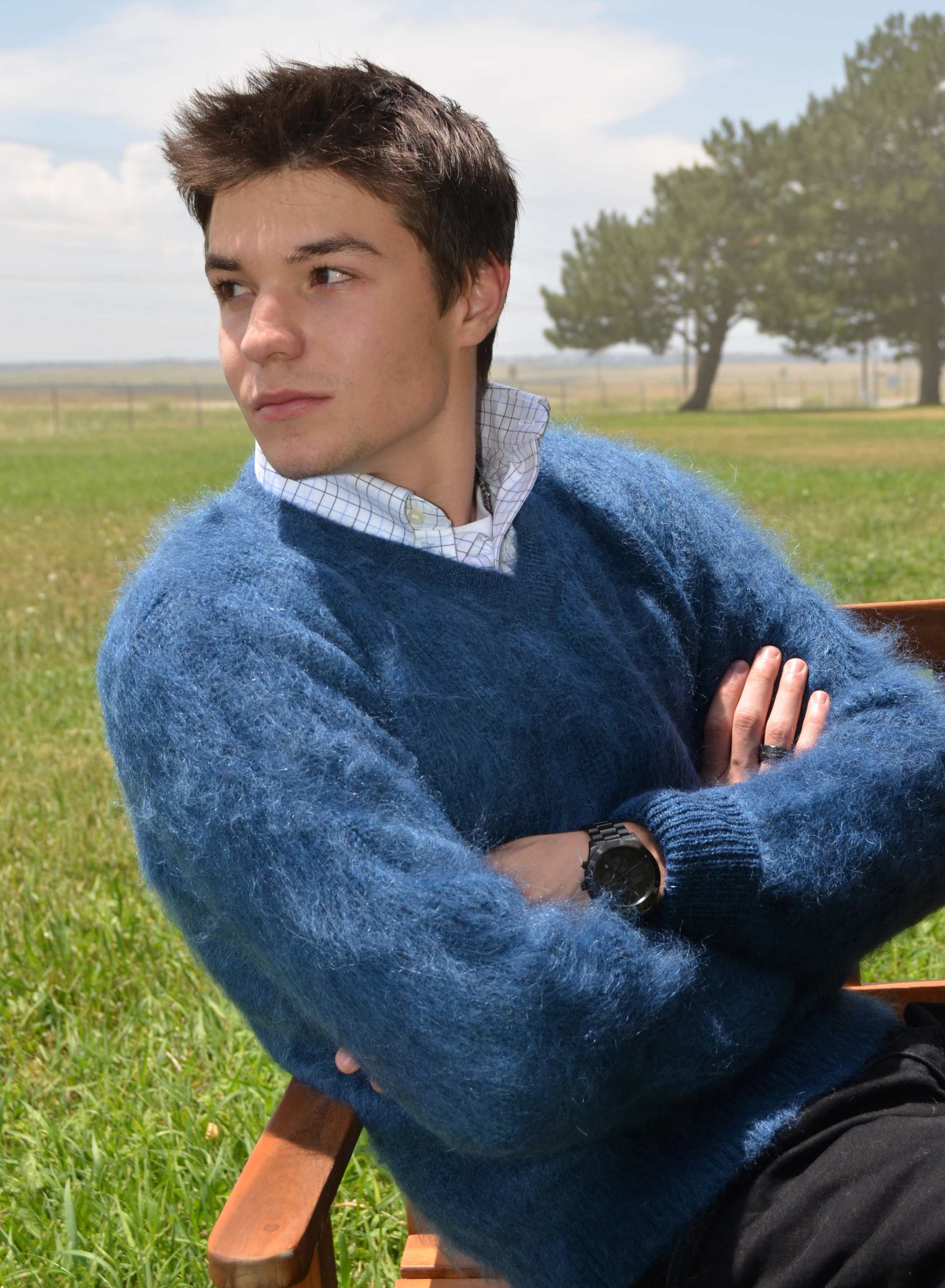 Men's shaggy mohair V-neck pullover sweater in blue, gold, and black colors