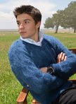 Men's shaggy mohair V-neck pullover sweater in blue, gold, and black colors