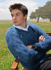 Men's shaggy mohair V-neck pullover sweater in blue, gold, and black colors