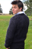 Men's shaggy mohair V-neck pullover sweater in blue, gold, and black colors