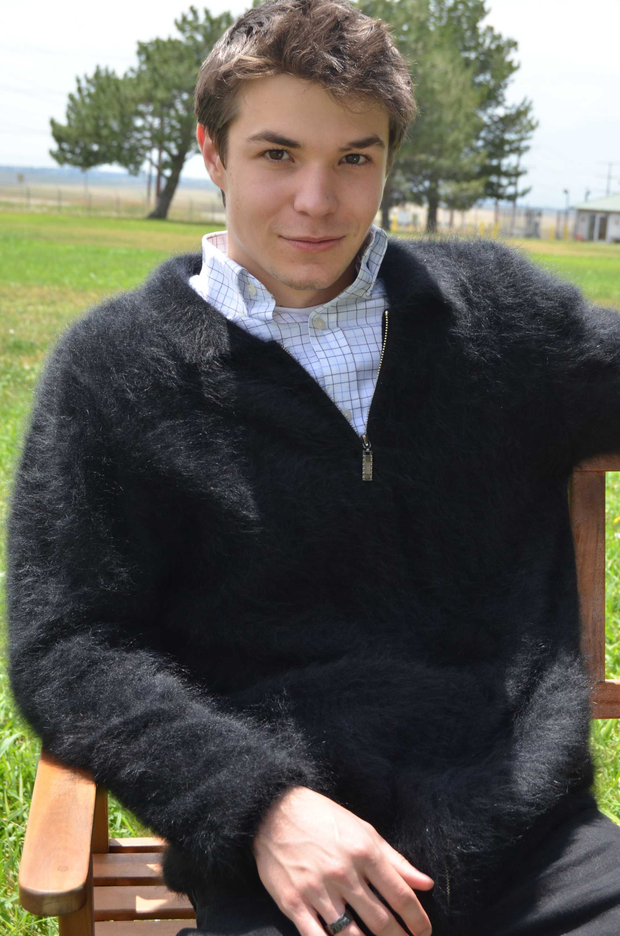 Men's ultra-soft angora zipper-front cardigan sweater in light jacket style