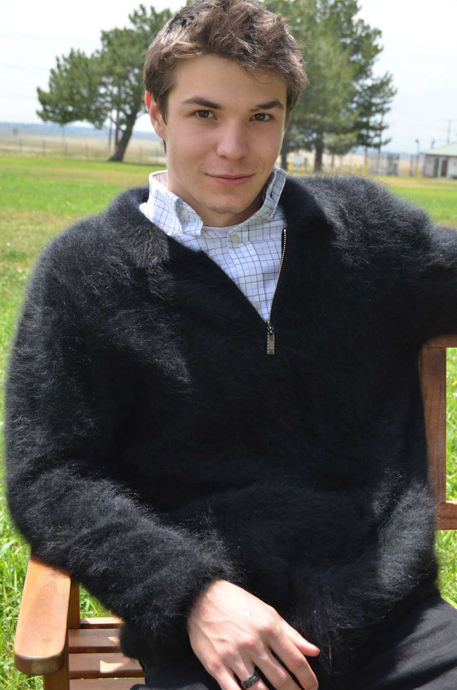 Men's ultra-soft angora zipper-front cardigan sweater in light jacket style