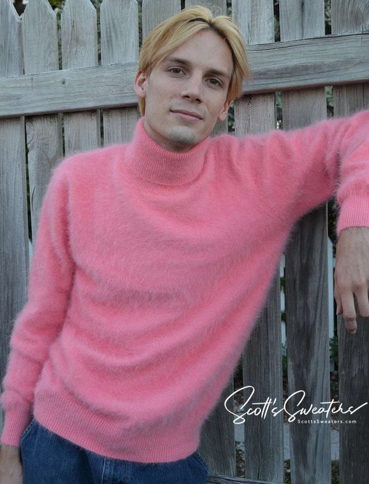 Man wearing pink ultra-soft angora men's turtleneck sweater outdoors