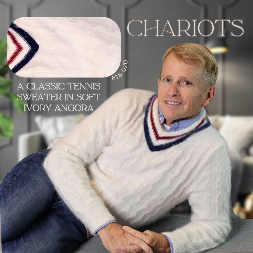 Men's cable-knit angora tennis sweater in classic style with four color options