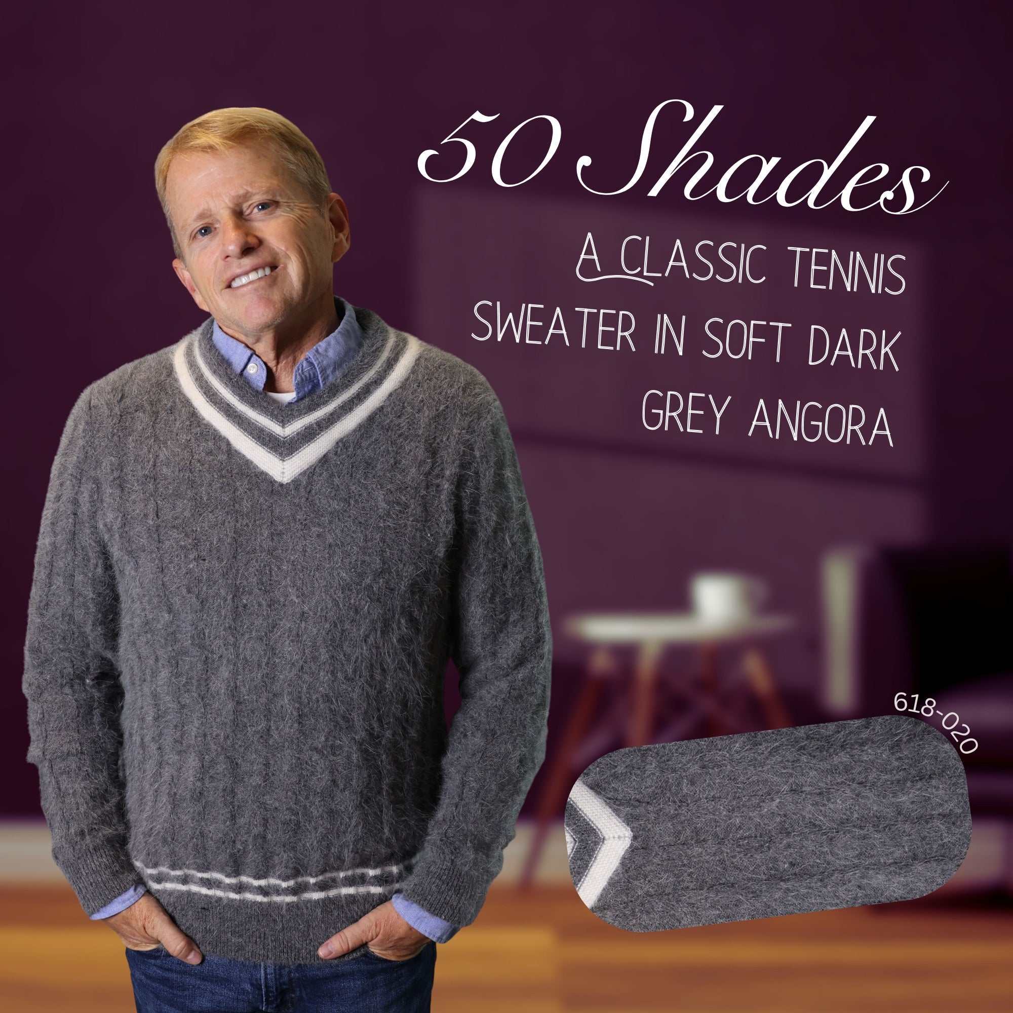 Men's ultra-soft cable-knit angora tennis sweater in classic style and four color options
