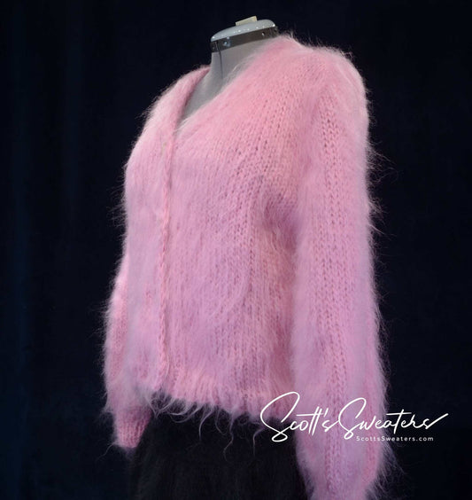 Pink Woman's Mohair Cardigan Sweater - Hand-Knit X-Large - 2X-Large