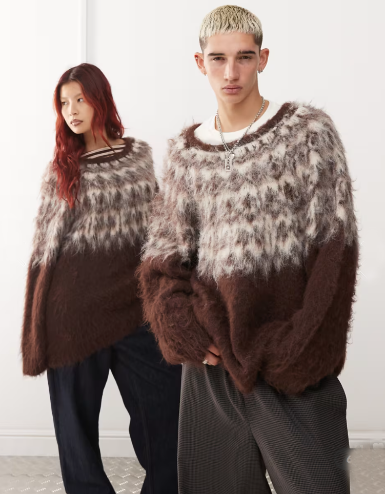 mens fuzzy sweater Unisex crewneck mohair sweater with slouchy fit and Icelandic style yoke design in fuzzy brown and cream colors