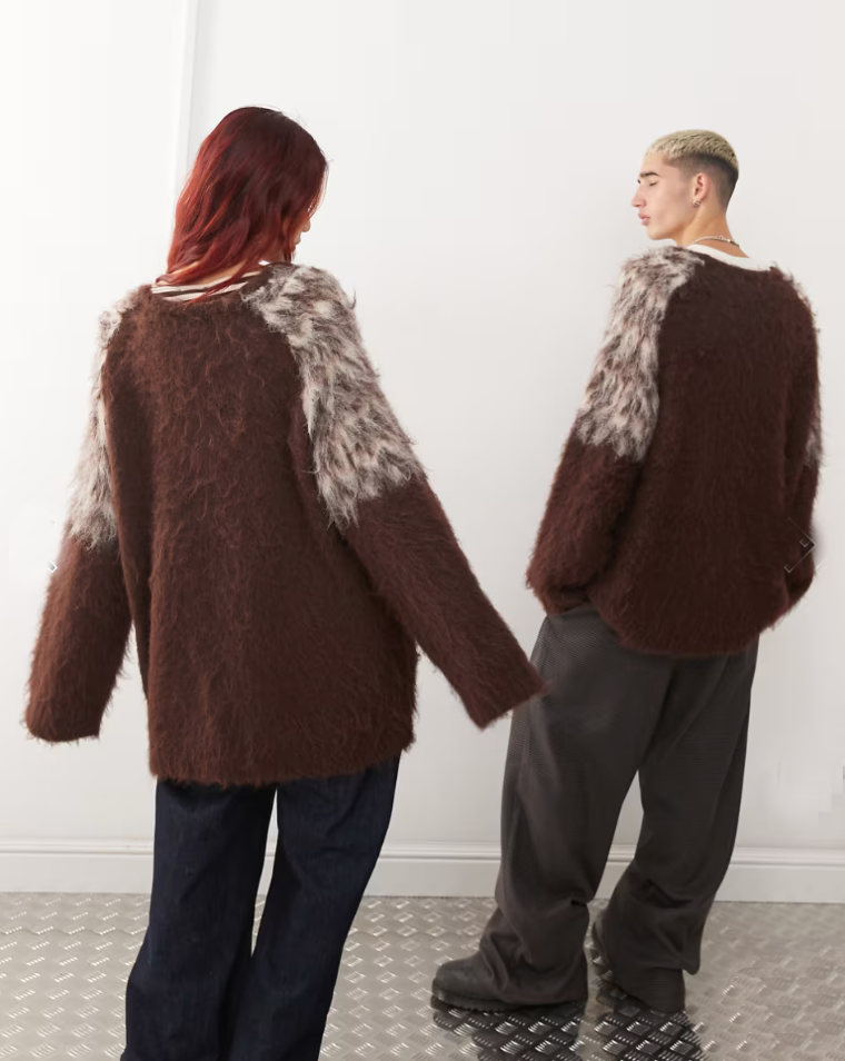 mens fuzzy sweater Unisex crewneck mohair sweater with slouchy fit and Icelandic style yoke design in fuzzy brown and cream colors