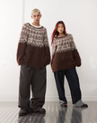 mens fuzzy sweater Unisex crewneck mohair sweater with slouchy fit and Icelandic style yoke design in fuzzy brown and cream colors