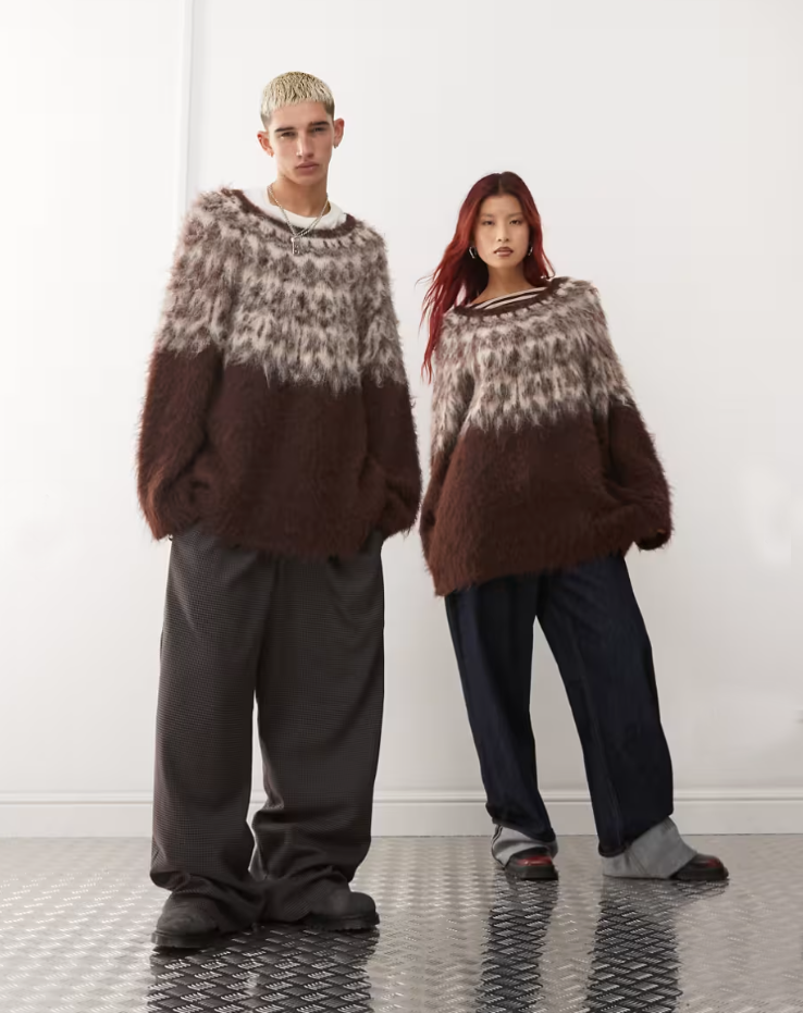 mens fuzzy sweater Unisex crewneck mohair sweater with slouchy fit and Icelandic style yoke design in fuzzy brown and cream colors