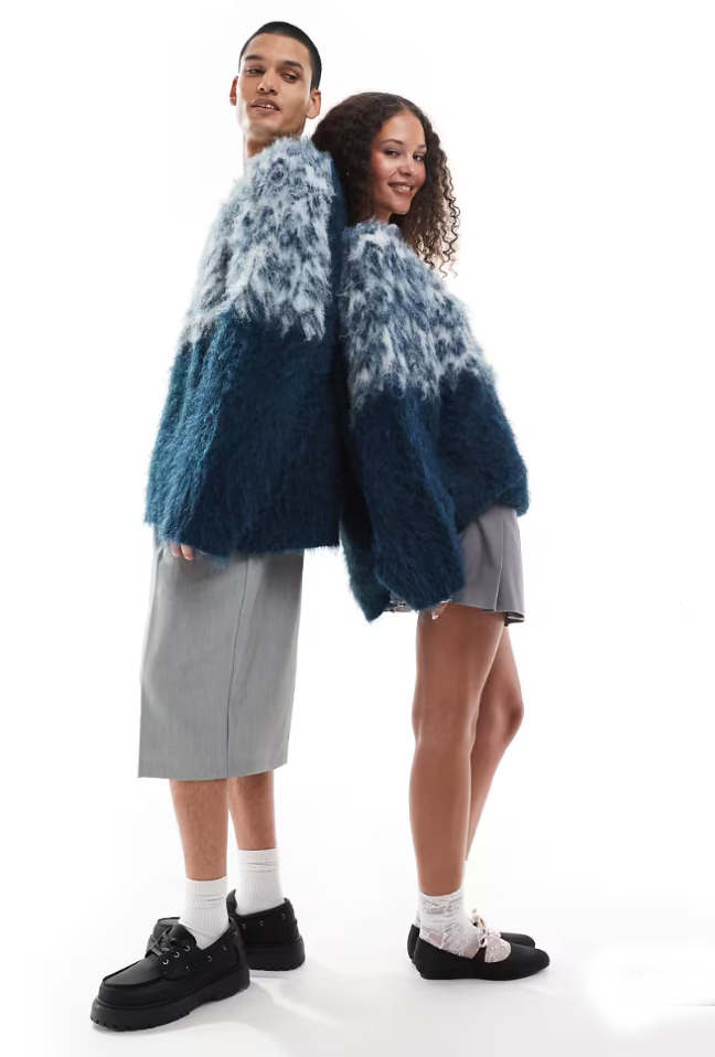 mens fuzzy sweater Unisex crewneck mohair sweater with slouchy fit and Icelandic style yoke design in fuzzy brown and cream colors