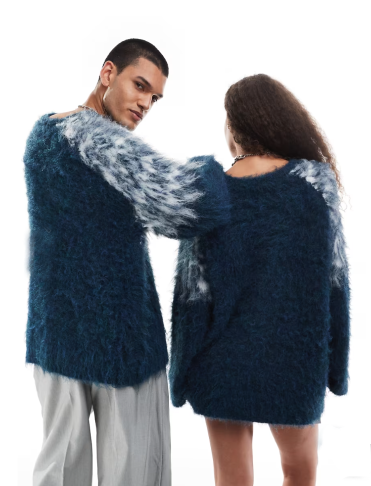 mens fuzzy sweater Unisex crewneck mohair sweater with slouchy fit and Icelandic style yoke design in fuzzy brown and cream colors