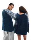 mens fuzzy sweater Unisex crewneck mohair sweater with slouchy fit and Icelandic style yoke design in fuzzy brown and cream colors