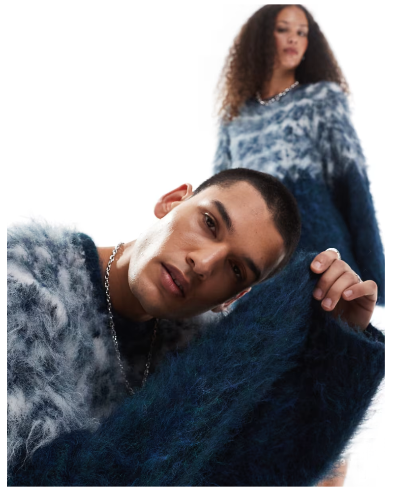 mens fuzzy sweater Unisex crewneck mohair sweater with slouchy fit and Icelandic style yoke design in fuzzy brown and cream colors