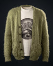 Men's green shaggy mohair cardigan inspired by Kurt Cobain's iconic 1990s grunge style