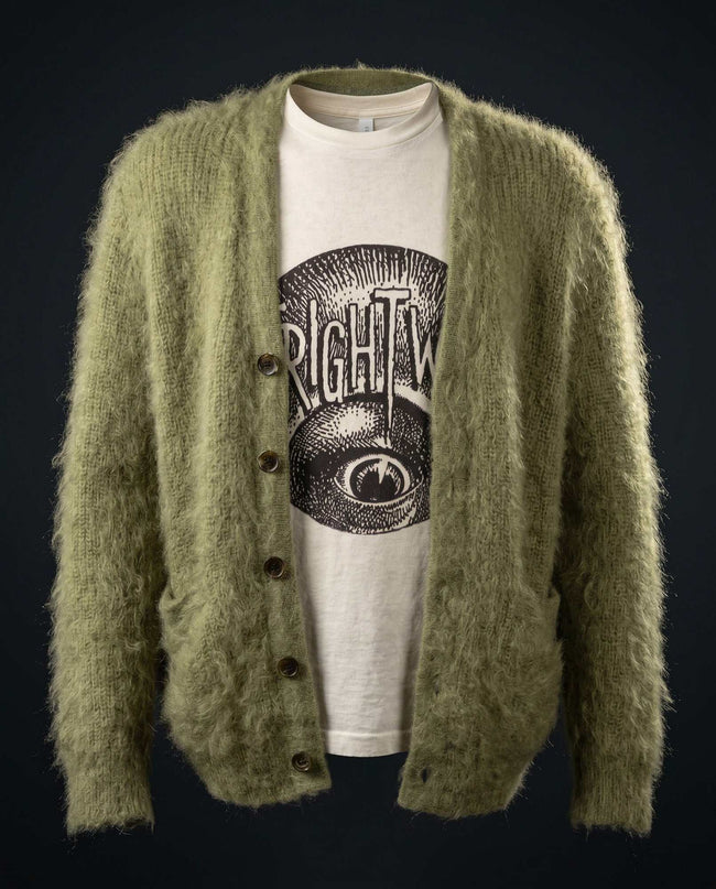 Men's green shaggy mohair cardigan inspired by Kurt Cobain's iconic 1990s grunge style