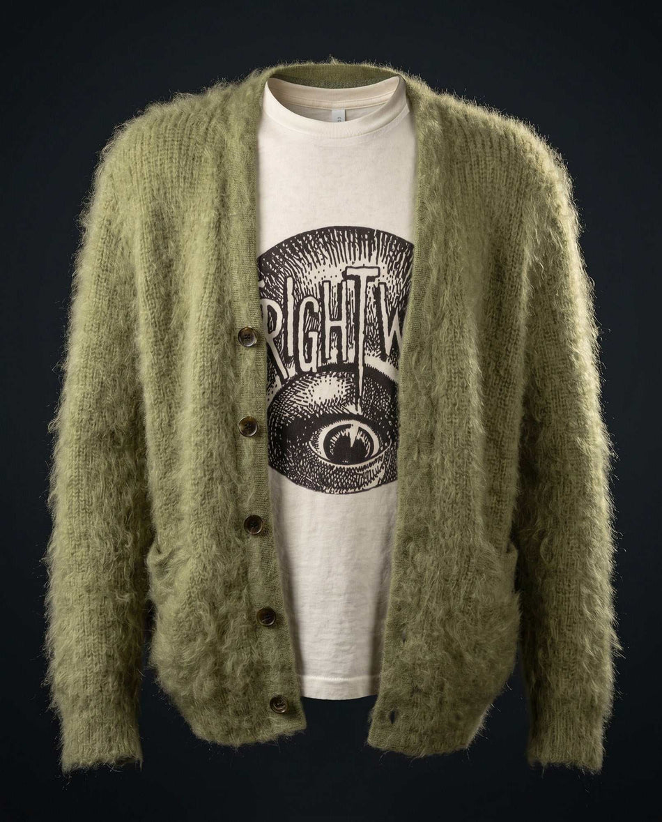 Men's green shaggy mohair cardigan inspired by Kurt Cobain's iconic 1990s grunge style