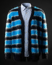 Men's fuzzy cardigan with colorful striped plush fabric for casual comfort and style