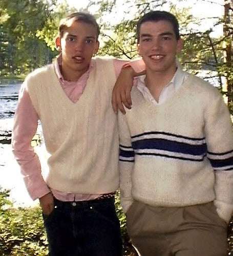 Men's white faux-mohair V-neck sweater with blue chest stripes, small size, hand-knit acrylic pullover