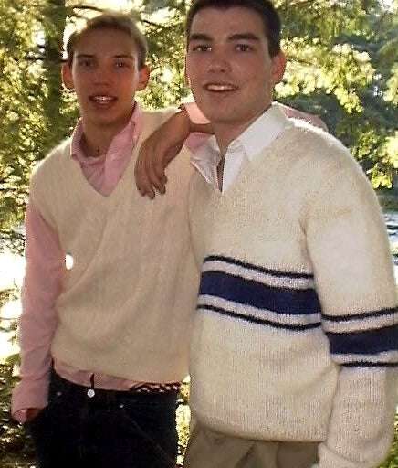 Men's white faux-mohair V-neck sweater with blue chest stripes, hand-knit and machine washable