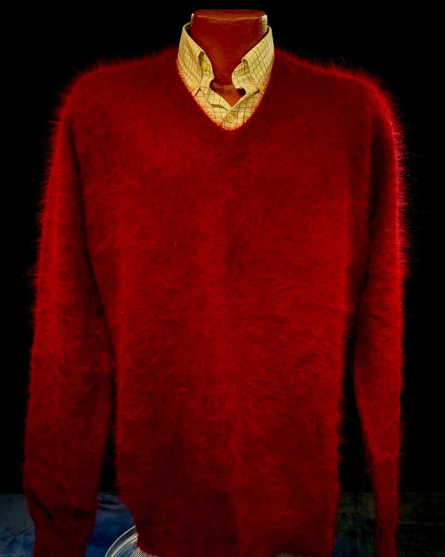 Men's ultra-soft angora white V-neck sweater displayed with 360-degree view option