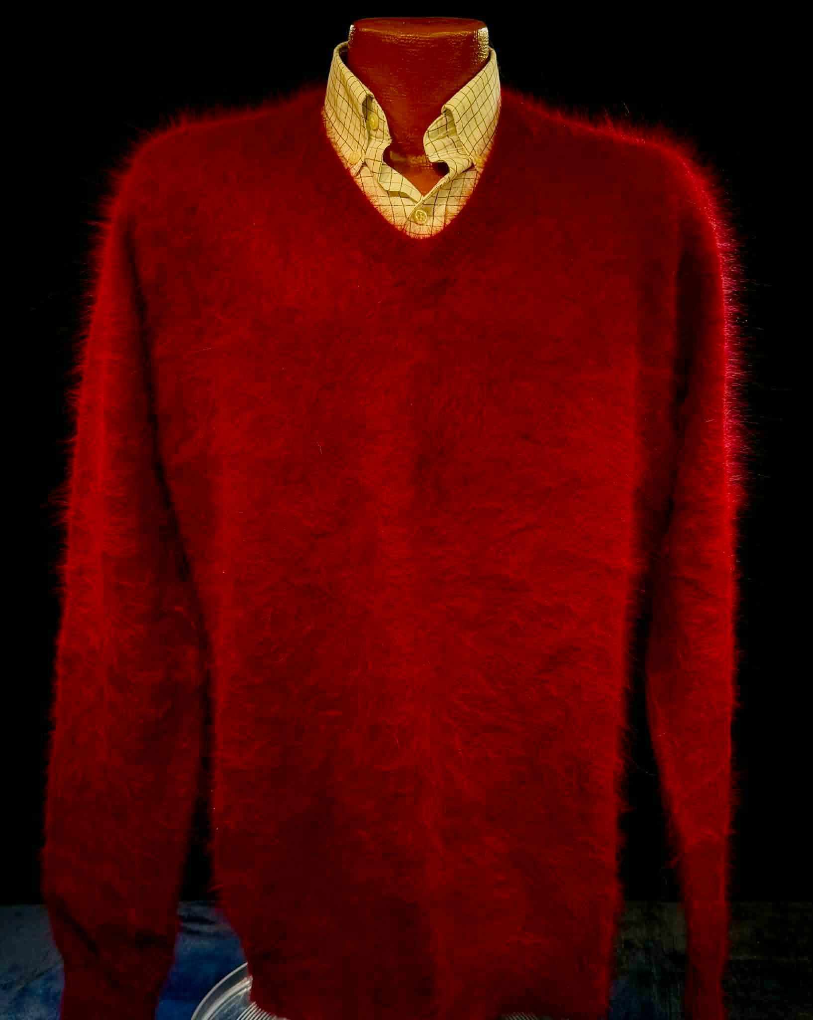 Men's ultra-soft angora V-neck sweater in white, luxurious and warm, available in multiple colors and sizes