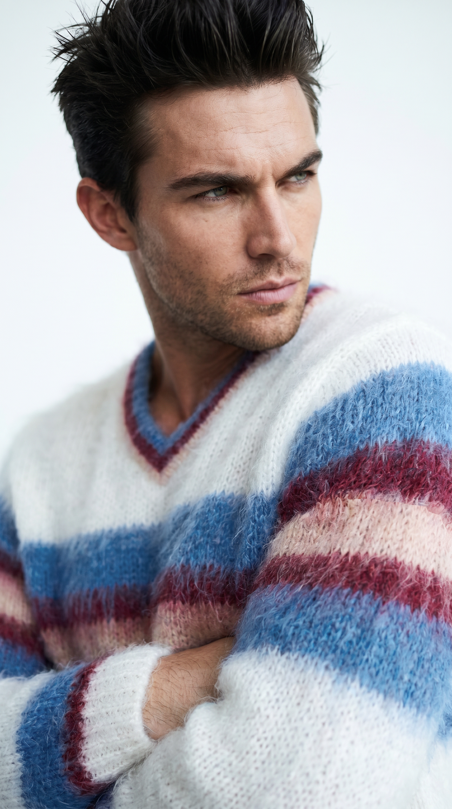 Men's mohair sweater with custom striped crewneck, hand-knit from 80% mohair yarn, featuring a luxurious texture and sporty design