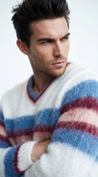 Men's mohair sweater with custom striped crewneck, hand-knit from 80% mohair yarn, featuring a luxurious texture and sporty design
