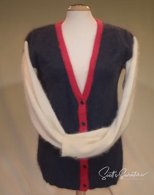 トミー ヒルフィガーのレディース ネイビーブルー アンゴラ カーディガン セーター（ホワイトスリーブ付き）