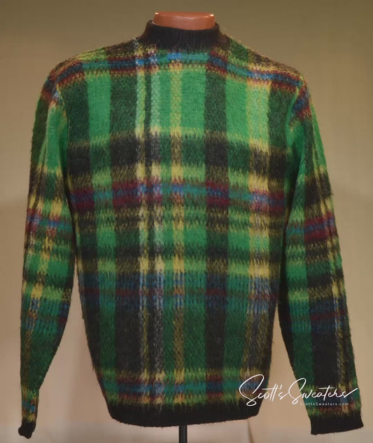 クラシックなレトロなシャギーチェック柄モヘアクルーネックセーター（Arrow Cum Laude製）