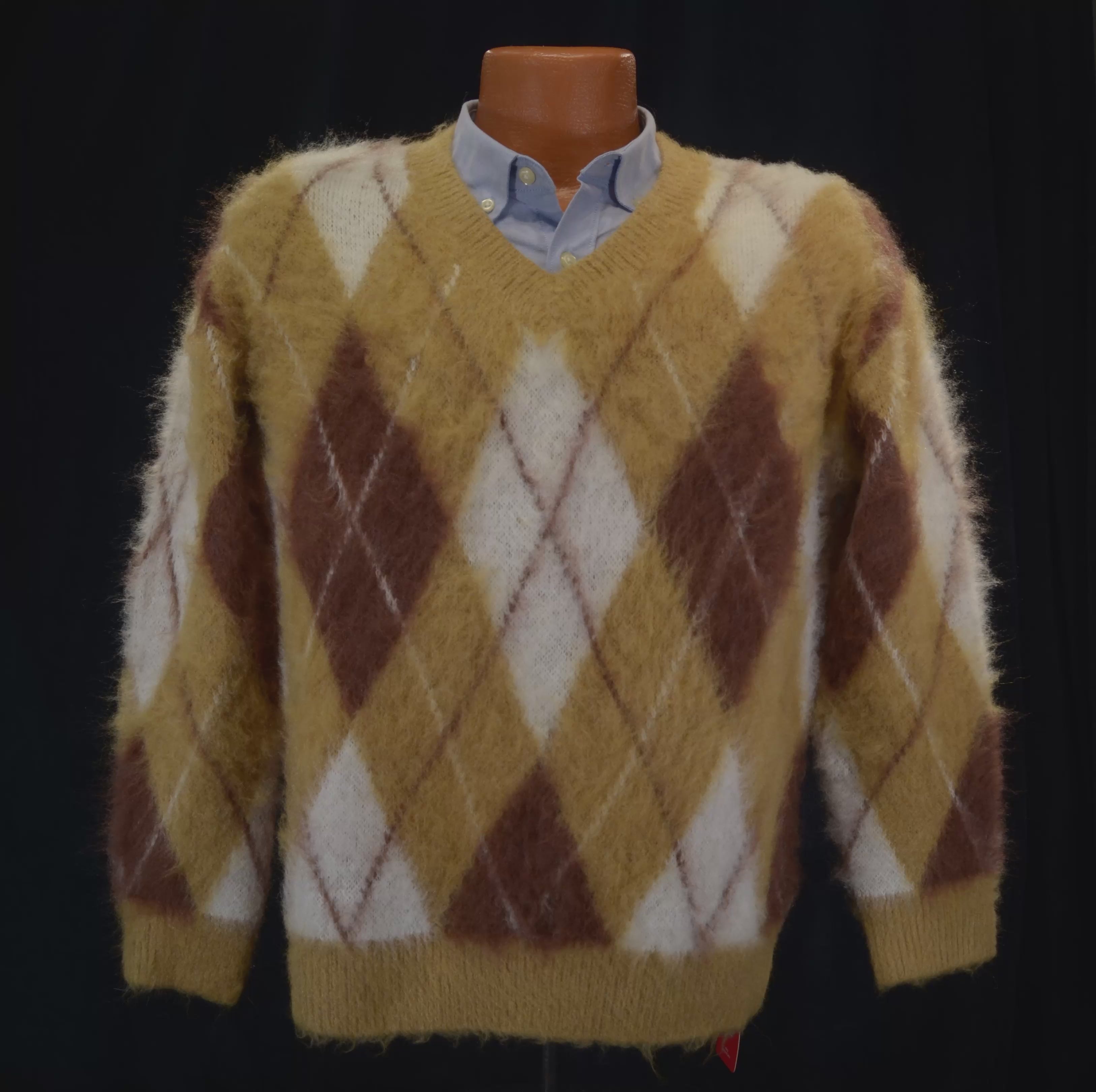 Fuzzy Argyle V-Neck Pullover: Soft Faux Mohair Sweater for Cozy