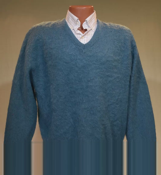 メンズ レトロ アクアブルー クラシック モヘア Vネック セーター (ブレント)