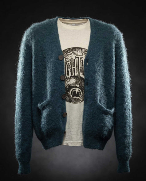 Men's mohair cardigan sweater in vibrant colors, lightweight and warm with wool blend design