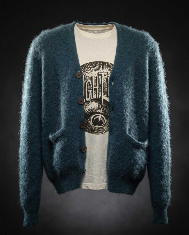 Men's mohair cardigan sweater in vibrant colors, lightweight and warm with wool blend design