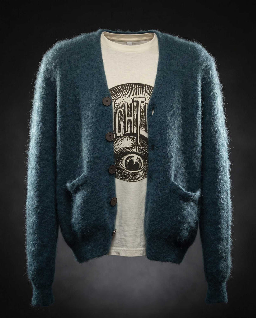 Men's mohair cardigan sweater in vibrant colors, lightweight and warm with wool blend design
