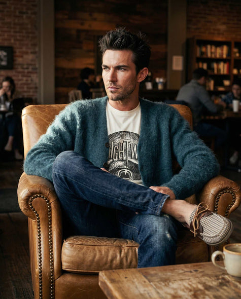 Men's mohair cardigan sweater in vibrant color, lightweight and warm wool blend, perfect for versatile layering.